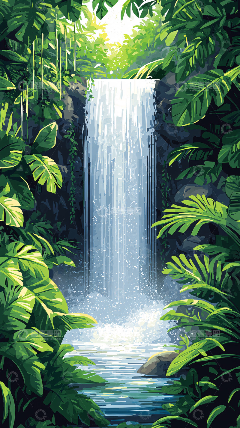 高清大图下载【趣麦麦图】热带雨林中的瀑布