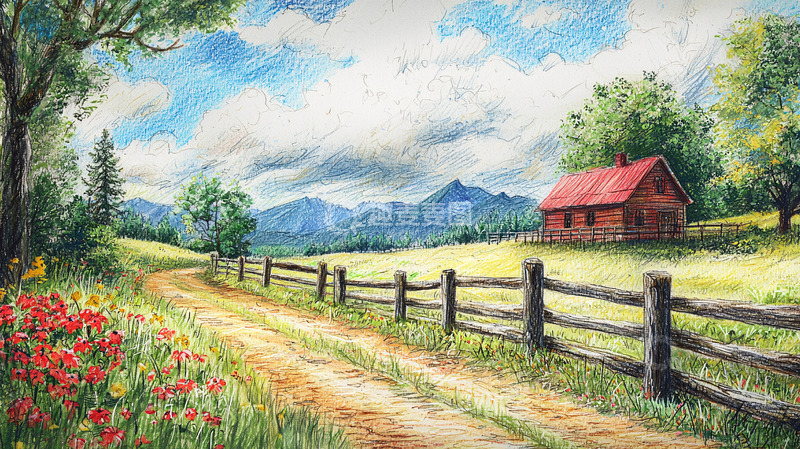 高清大图下载【趣麦麦图】田园风光彩色铅笔画