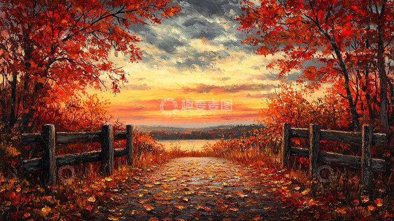 高清大图下载【趣麦麦图】秋日落日枫叶小路