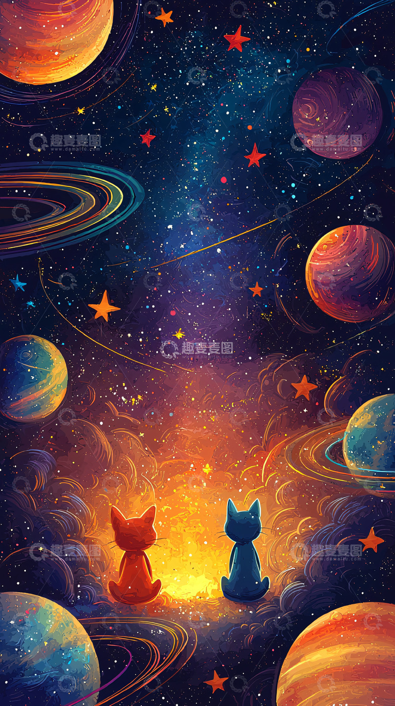 高清大图下载【趣麦麦图】两只猫仰望宇宙星空