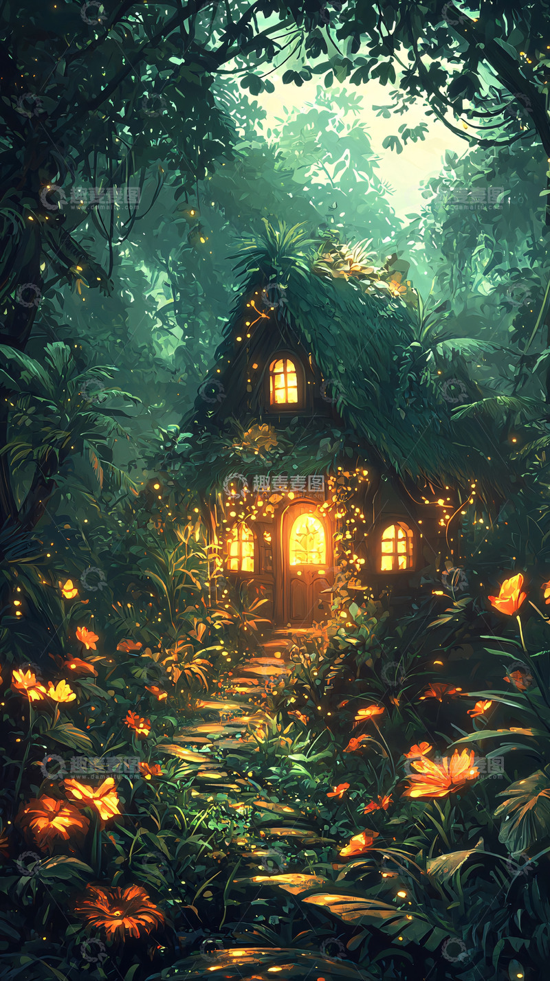 高清大图下载【趣麦麦图】丛林小屋温暖灯光