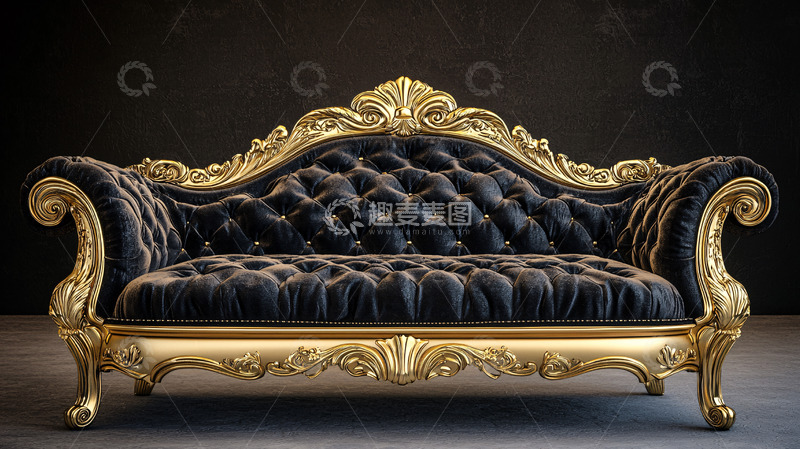 高清大图下载【趣麦麦图】奢华金色雕花黑色绒布沙发