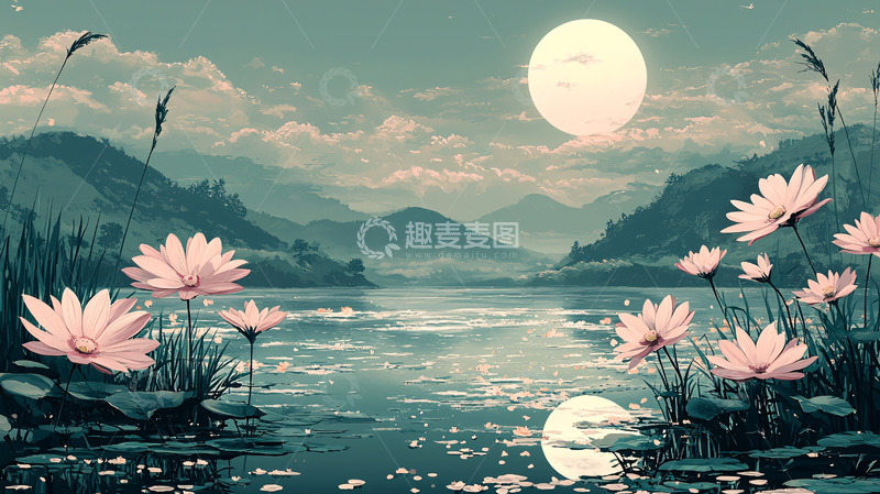 高清大图下载【趣麦麦图】月光下的粉色睡莲湖景