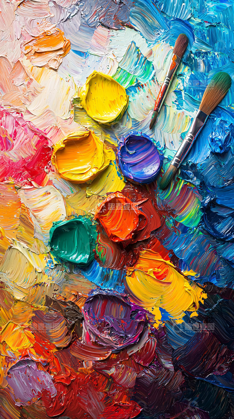 高清大图下载【趣麦麦图】调色板上的油彩颜料和画笔