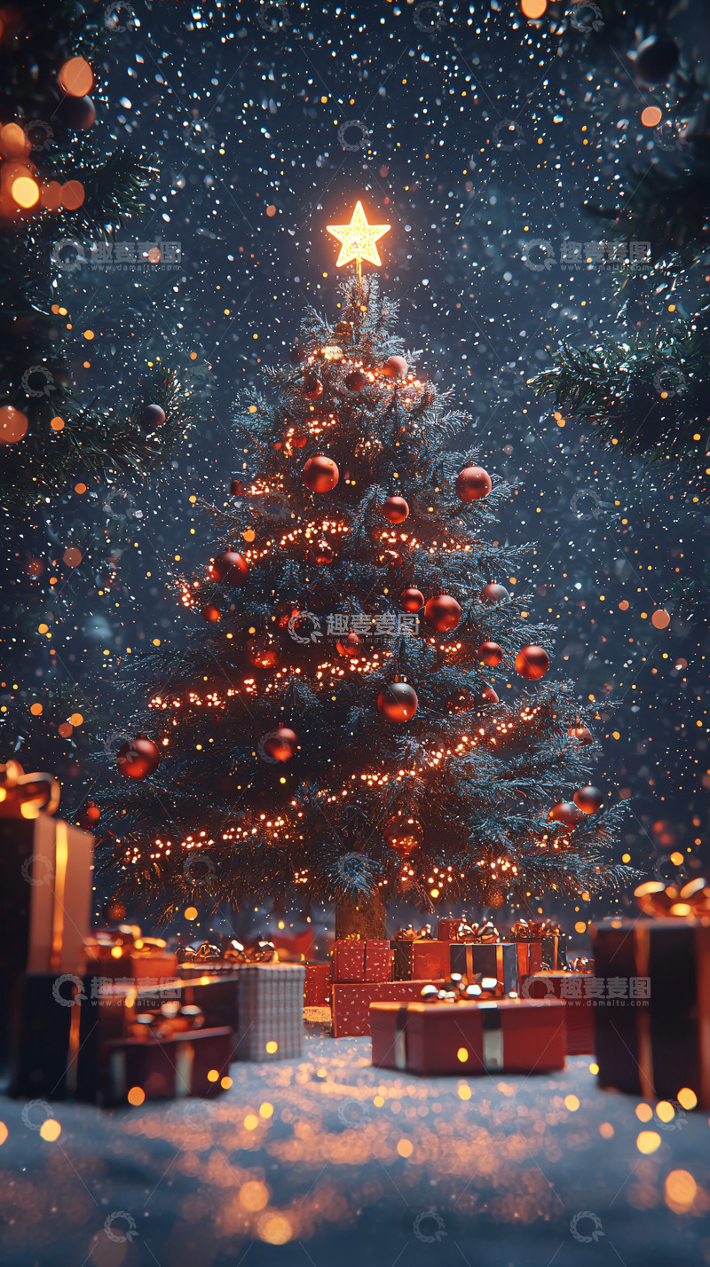 高清大图下载【趣麦麦图】下雪的圣诞树与礼物
