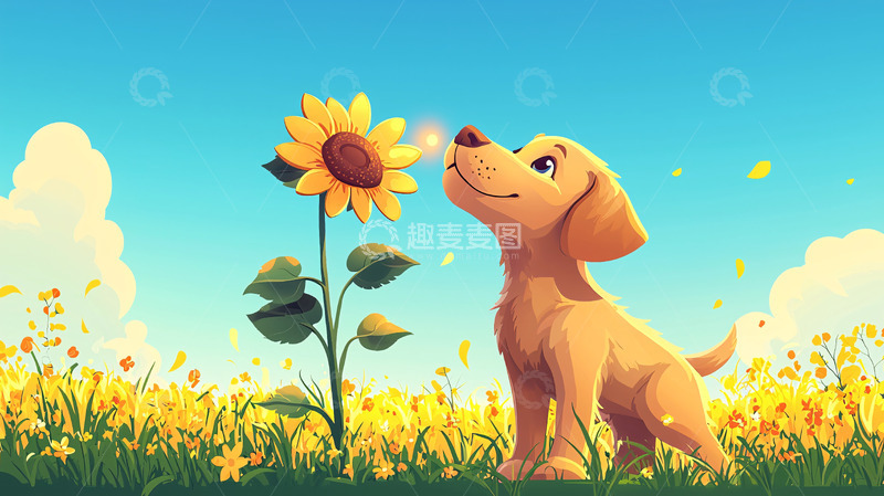高清大图下载【趣麦麦图】小狗与向日葵
