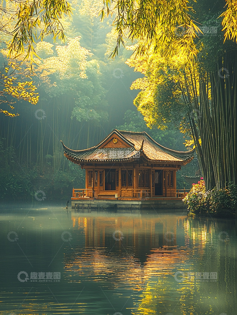 高清大图下载【趣麦麦图】湖边竹林中的中式亭台楼阁