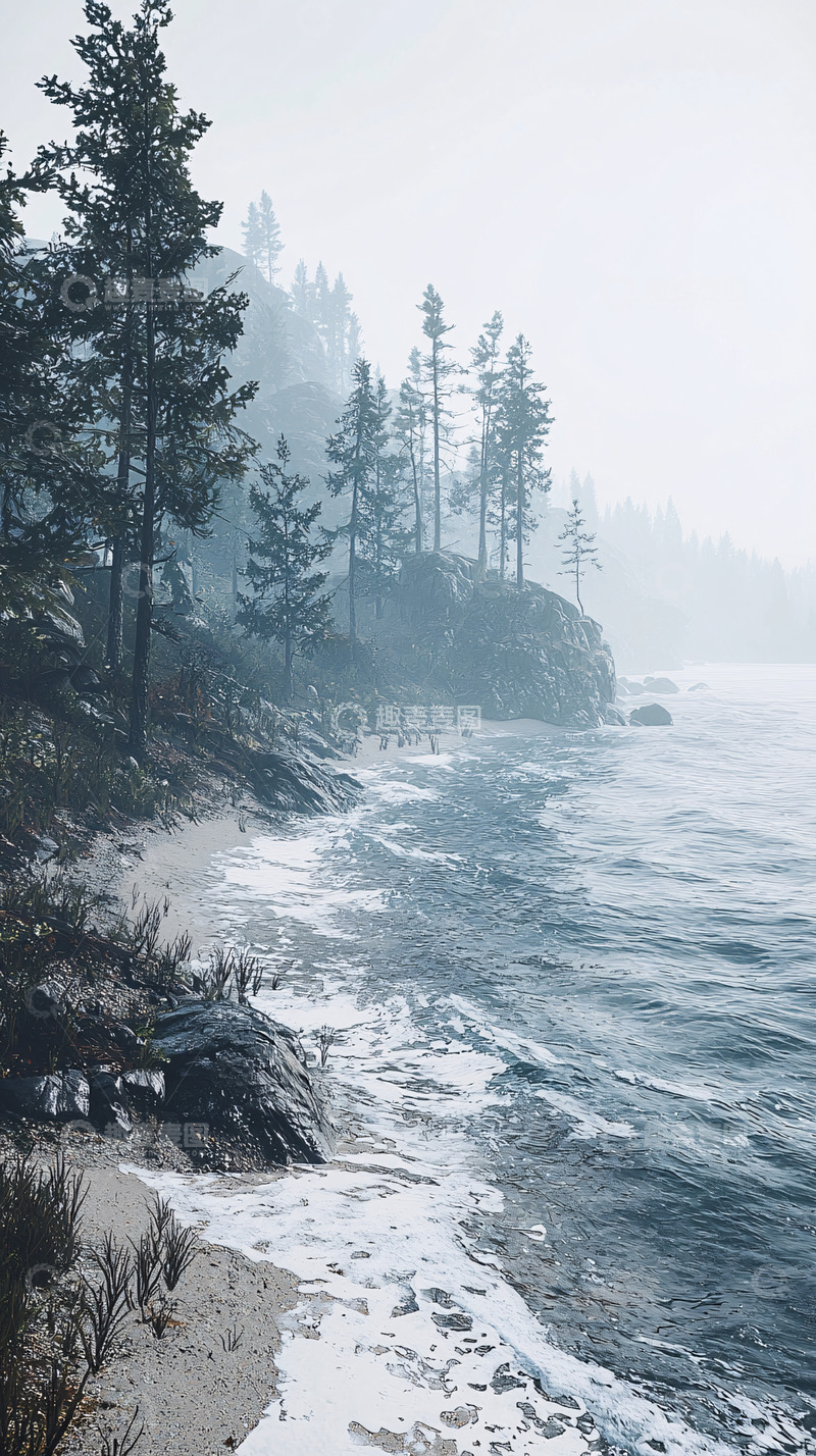 高清大图下载【趣麦麦图】雾气笼罩的海边岩石树木