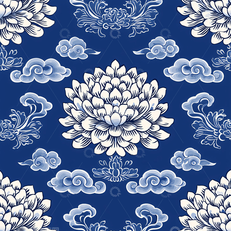 高清大图下载【趣麦麦图】青花瓷风格菊花祥云纹样