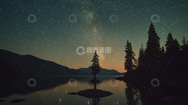 高清大图下载【趣麦麦图】星空下的湖边树木