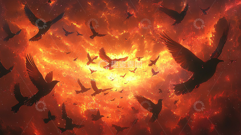 高清大图下载【趣麦麦图】火焰中飞翔的乌鸦