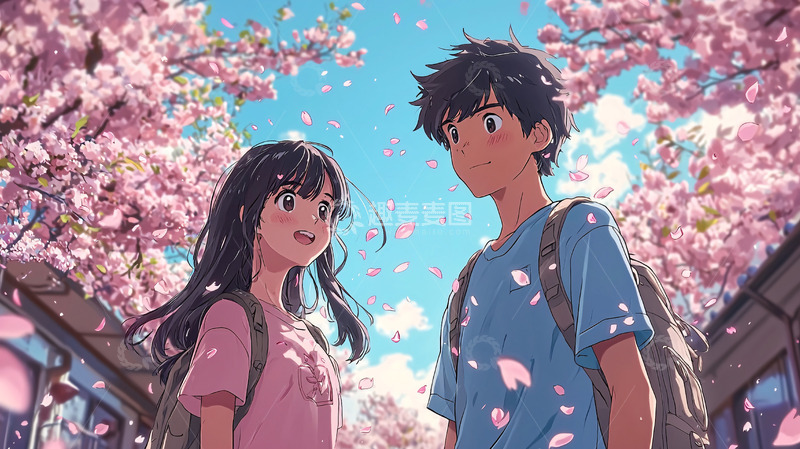 高清大图下载【趣麦麦图】樱花树下少年少女