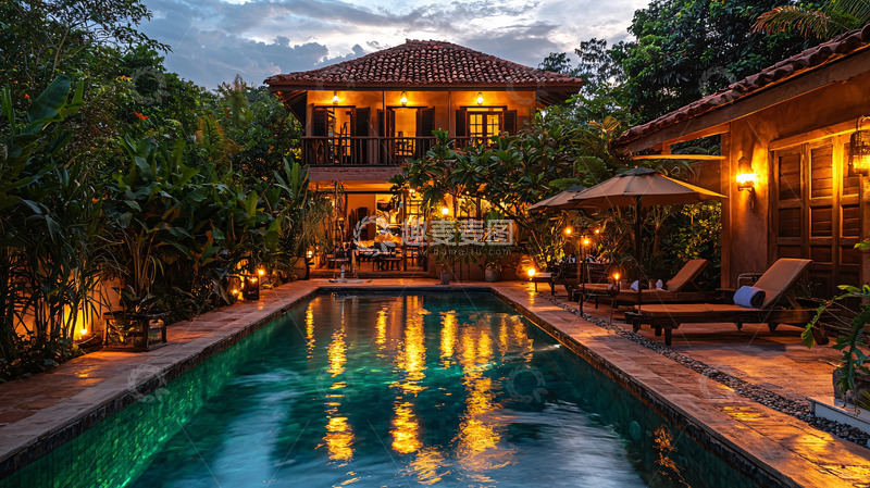 高清大图下载【趣麦麦图】豪华别墅泳池夜景