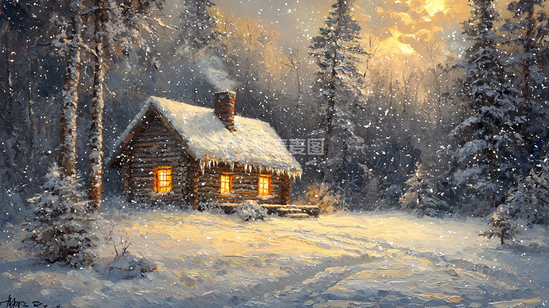 高清大图下载【趣麦麦图】雪夜森林小屋