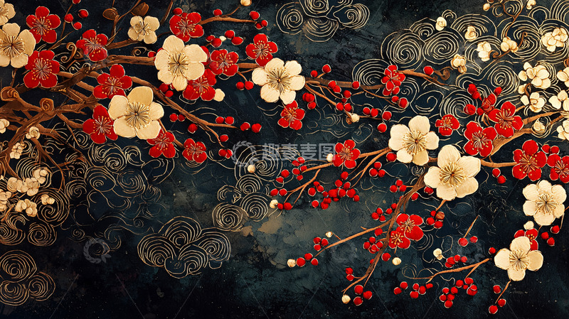 高清大图下载【趣麦麦图】红白梅花水墨画背景