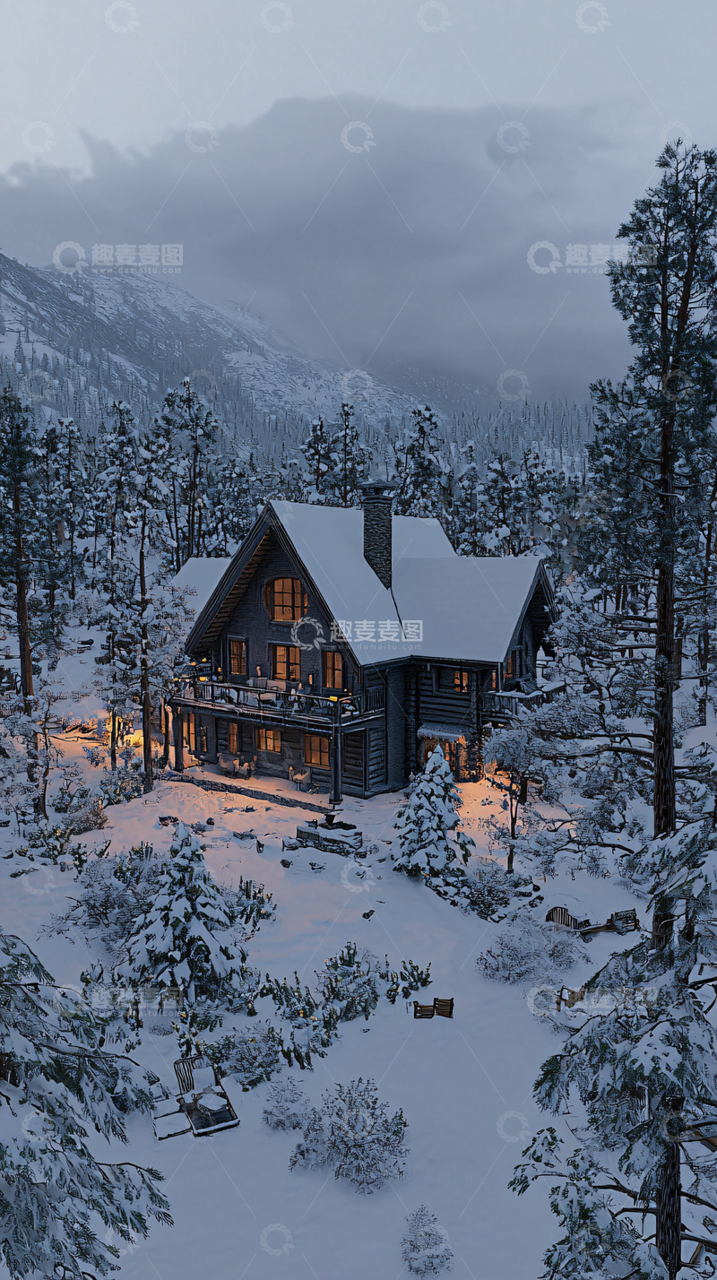 高清大图下载【趣麦麦图】雪山木屋