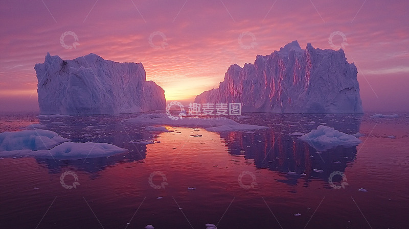 高清大图下载【趣麦麦图】冰山在紫红色天空下的倒影
