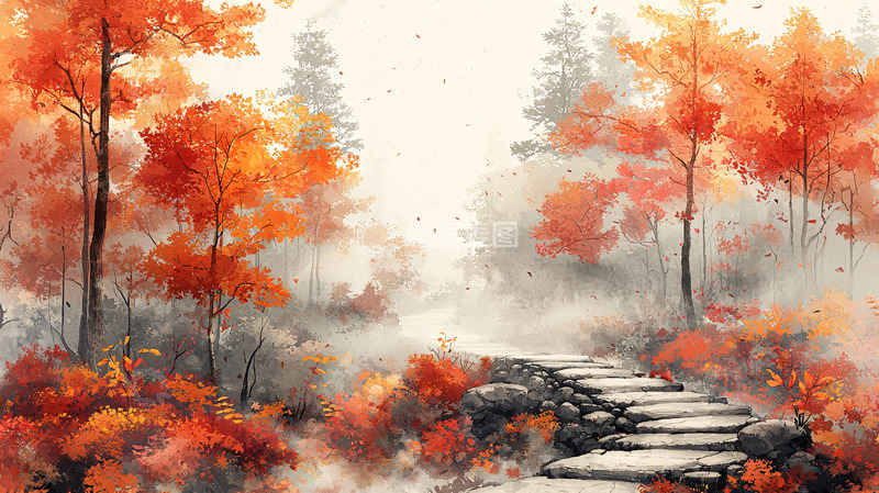 高清大图下载【趣麦麦图】秋日雾气森林石阶