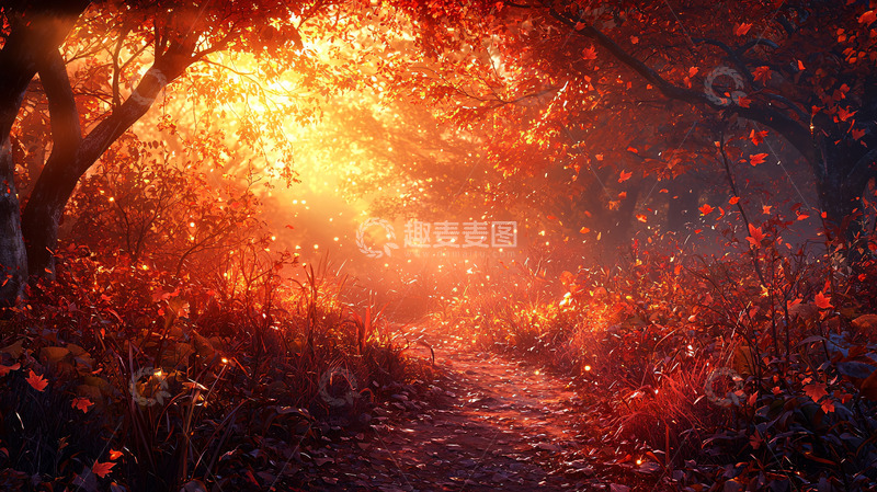 高清大图下载【趣麦麦图】燃烧的秋叶森林小路