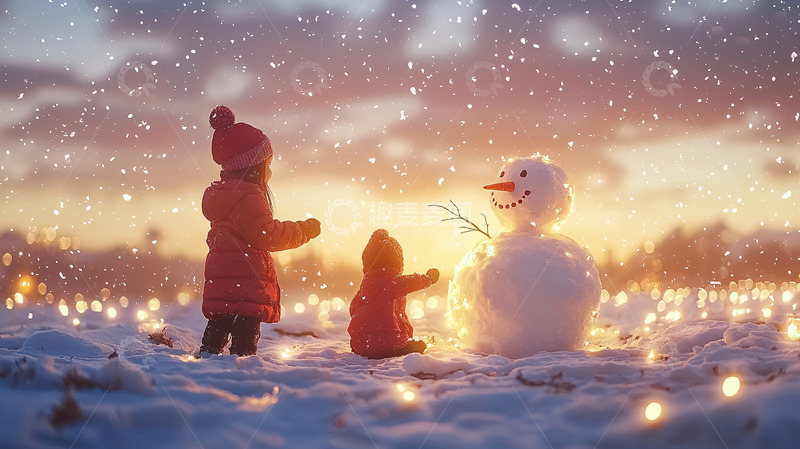 高清大图下载【趣麦麦图】孩子堆雪人日落雪景