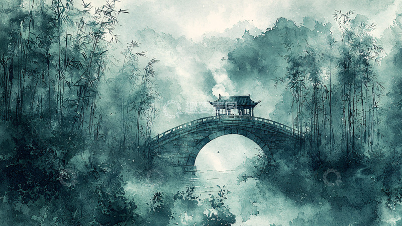 高清大图下载【趣麦麦图】雾中山水间的拱桥亭阁