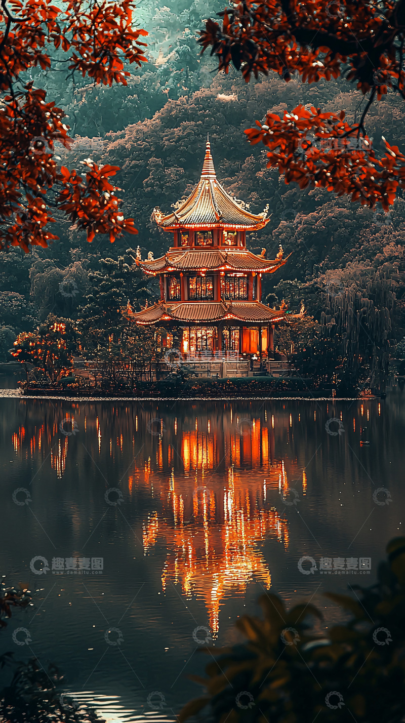 高清大图下载【趣麦麦图】湖面倒影中的中国宝塔