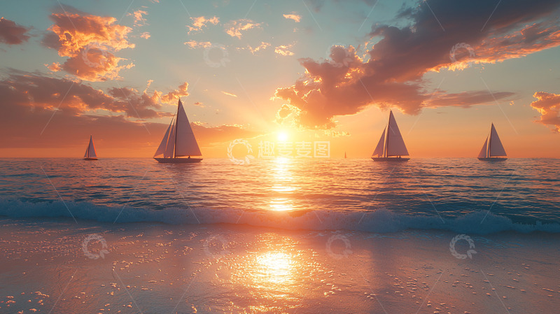 高清大图下载【趣麦麦图】夕阳西下帆船海景
