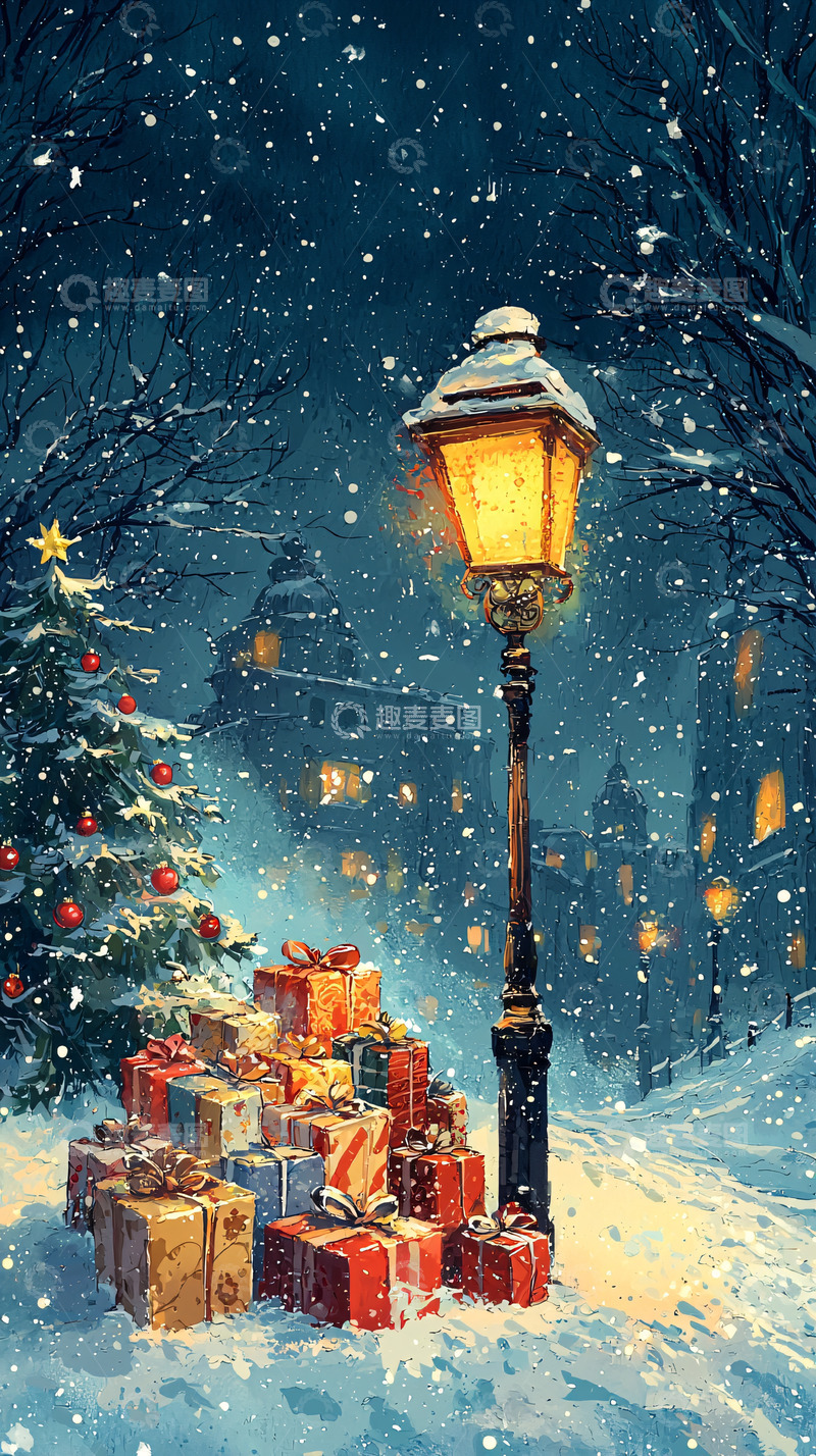 高清大图下载【趣麦麦图】圣诞节雪景街灯礼物