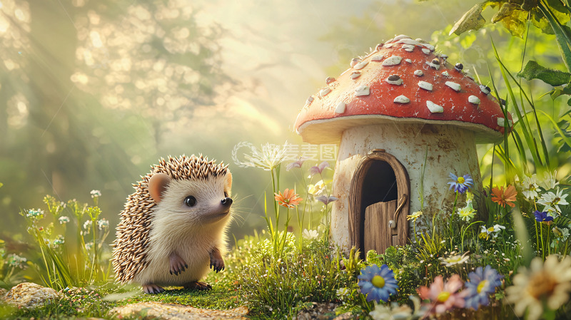 高清大图下载【趣麦麦图】森林小刺猬蘑菇屋