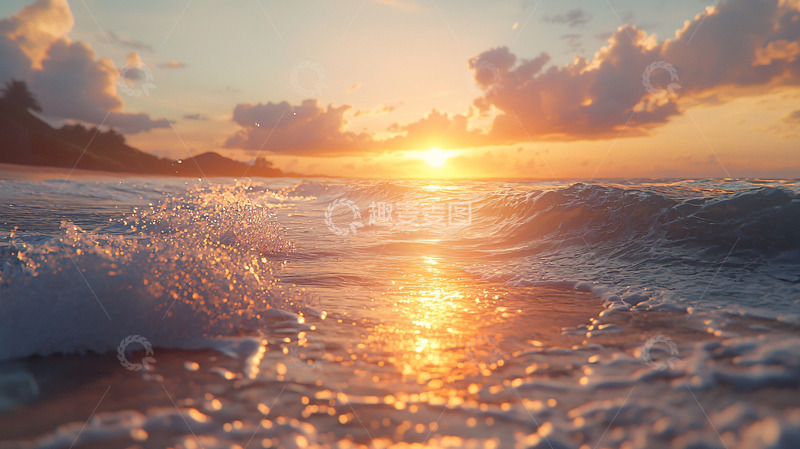 高清大图下载【趣麦麦图】海边日落的金色光芒