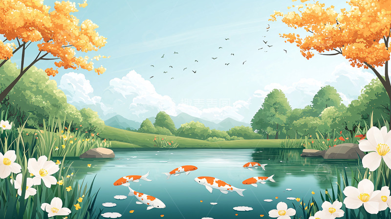 高清大图下载【趣麦麦图】秋日鲤鱼戏水田园风光