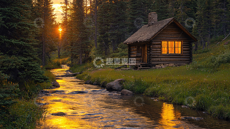 高清大图下载【趣麦麦图】森林小屋日落