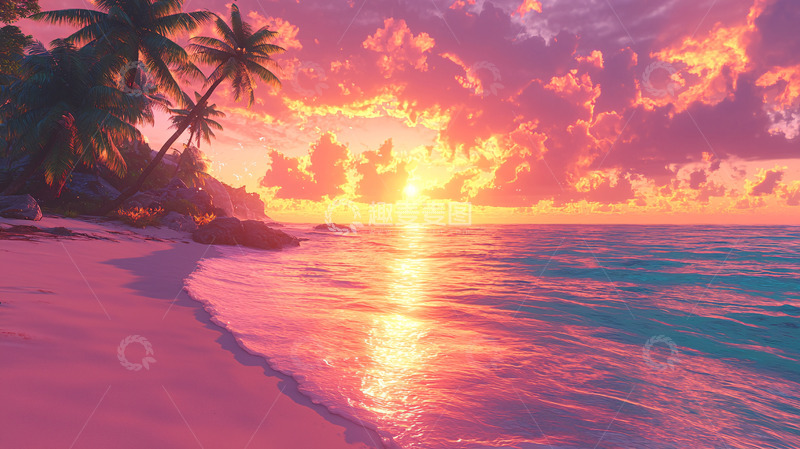 高清大图下载【趣麦麦图】粉色沙滩日落