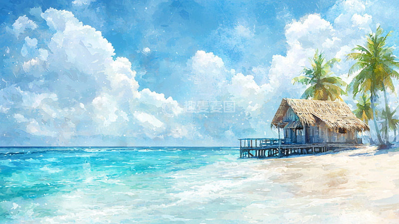 高清大图下载【趣麦麦图】海边茅草屋