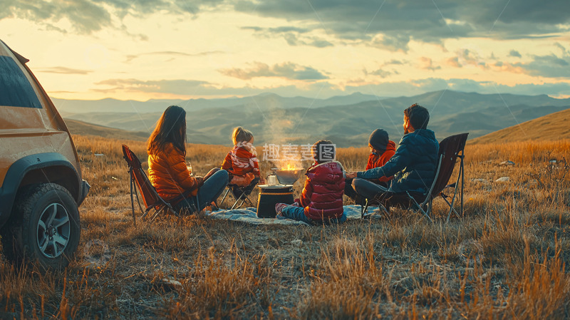 高清大图下载【趣麦麦图】夕阳下露营篝火晚会