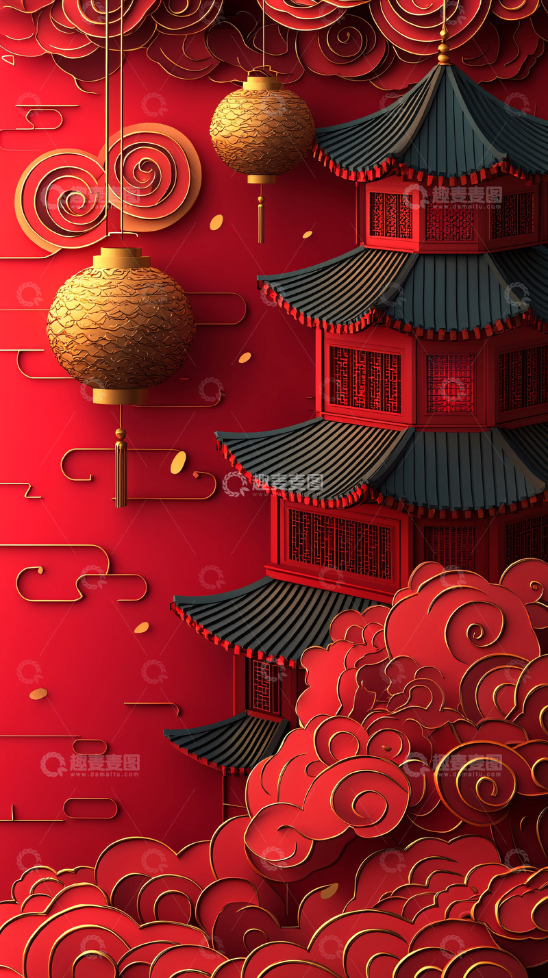 高清大图下载【趣麦麦图】红色背景上的中国风建筑