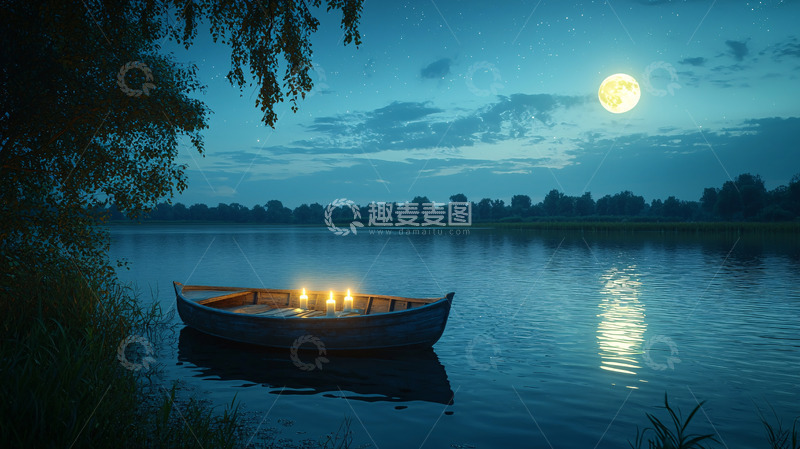 高清大图下载【趣麦麦图】月光下的小船