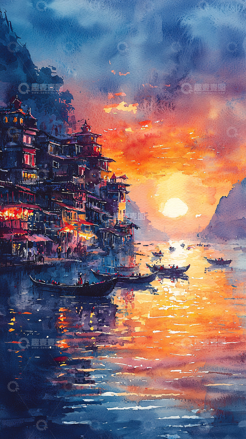 高清大图下载【趣麦麦图】水彩风格的江边古镇日落
