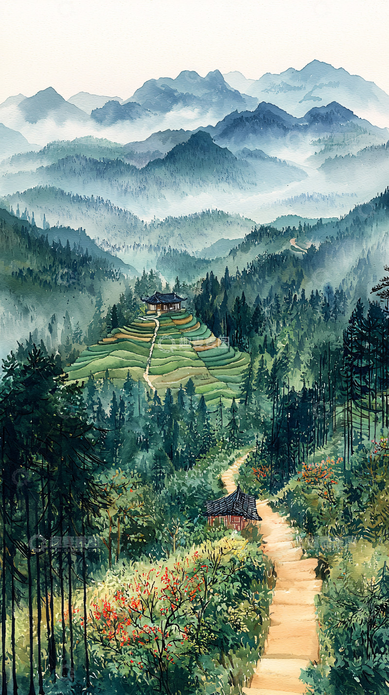 高清大图下载【趣麦麦图】水墨山水田园风光