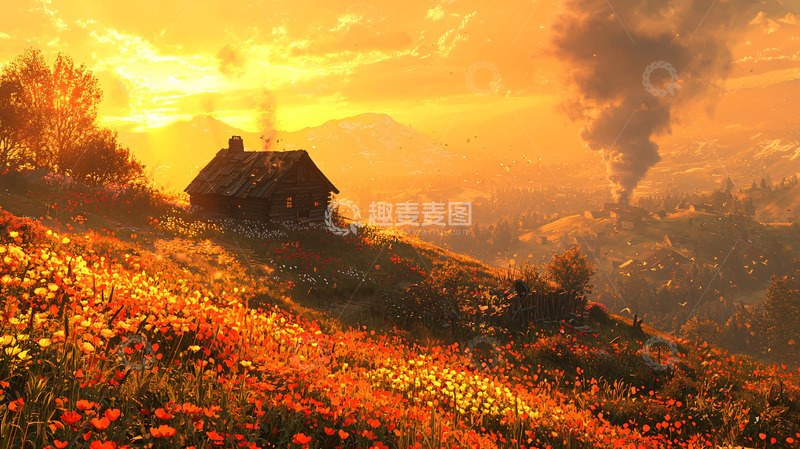 高清大图下载【趣麦麦图】山坡上的小屋日落景色