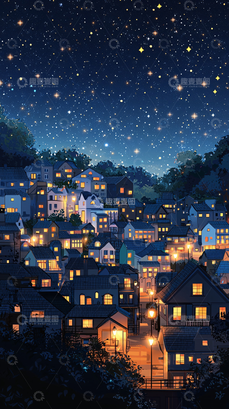 高清大图下载【趣麦麦图】星空下的小镇夜景