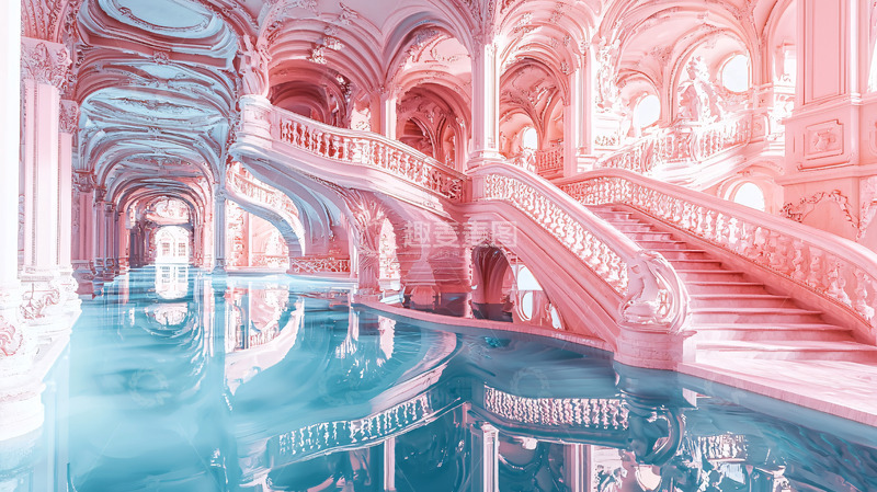 高清大图下载【趣麦麦图】梦幻粉色宫殿室内泳池