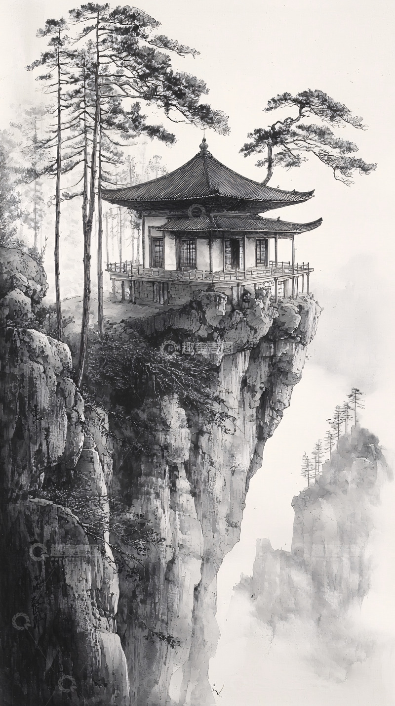 高清大图下载【趣麦麦图】悬崖上的中国亭台楼阁