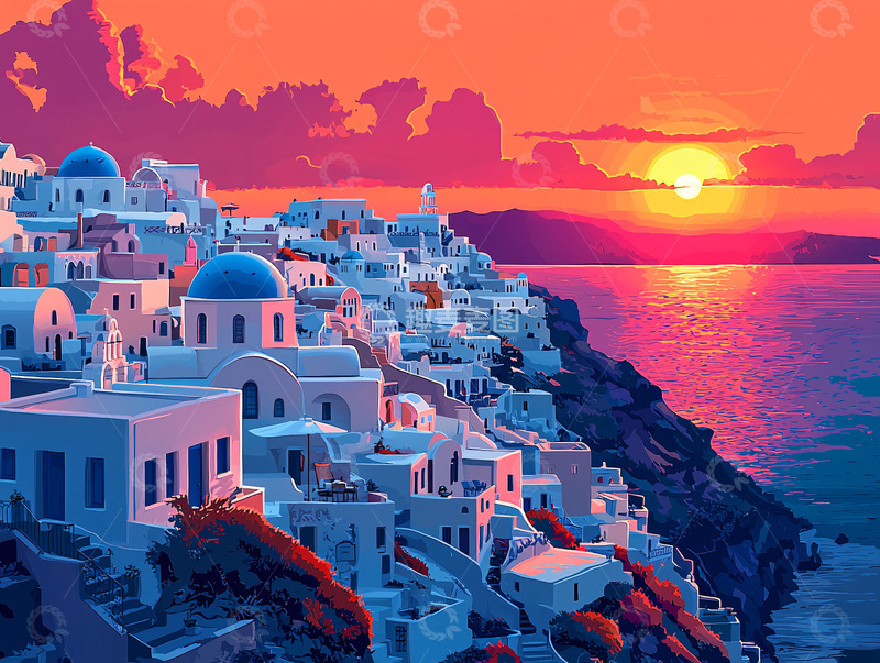 高清大图下载【趣麦麦图】圣托里尼日落海景小镇