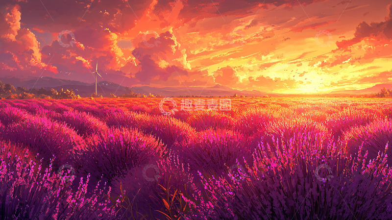 高清大图下载【趣麦麦图】浪漫薰衣草田夕阳