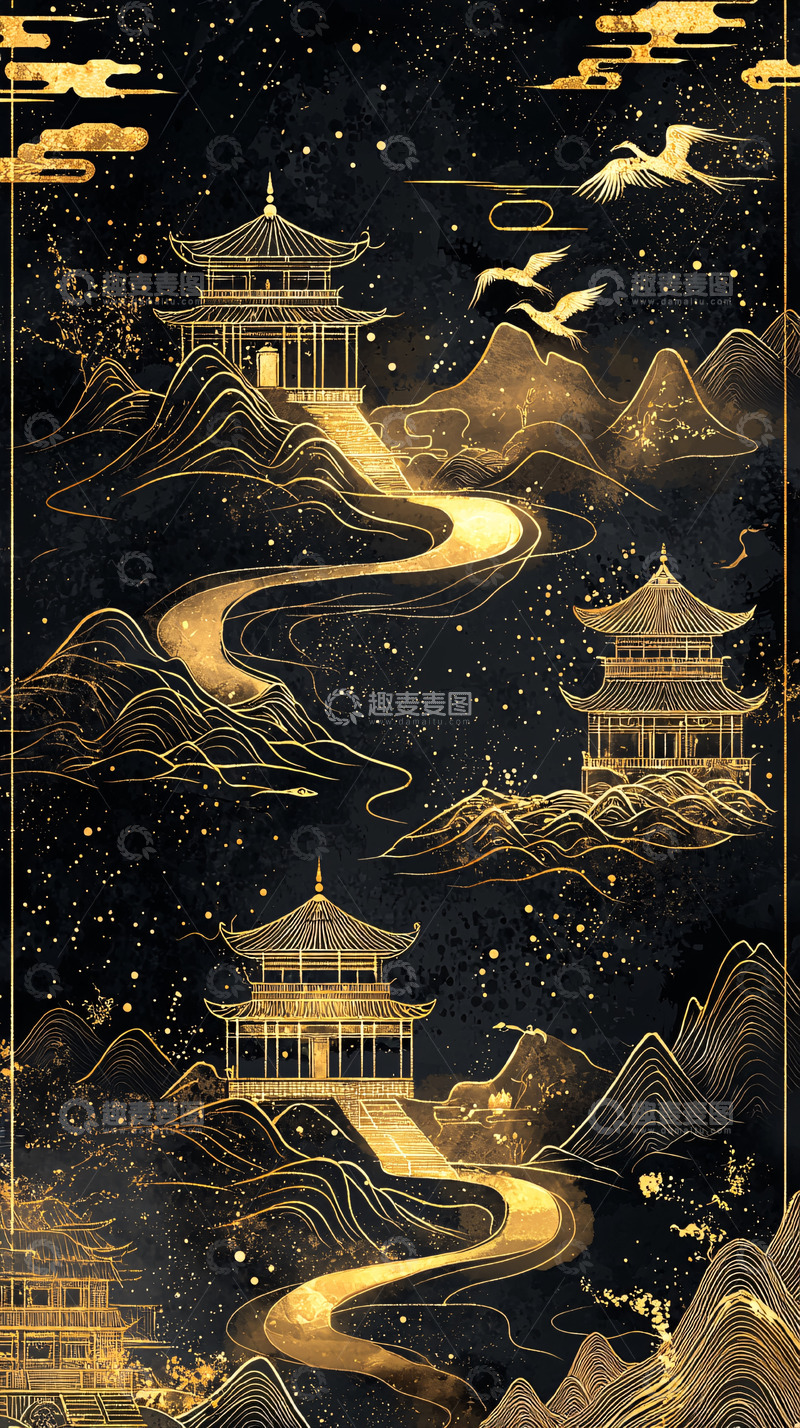 高清大图下载【趣麦麦图】水墨风山水楼阁飞鹤图