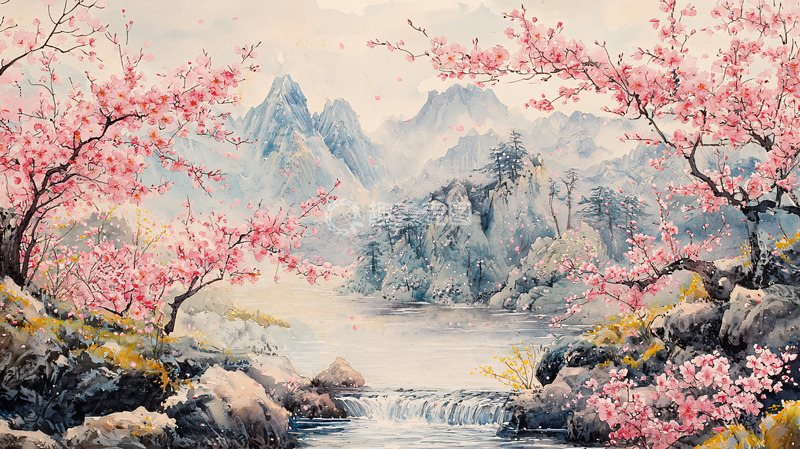 高清大图下载【趣麦麦图】粉红樱花山间溪流