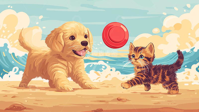 高清大图下载【趣麦麦图】沙滩上玩耍的金毛幼犬和猫咪