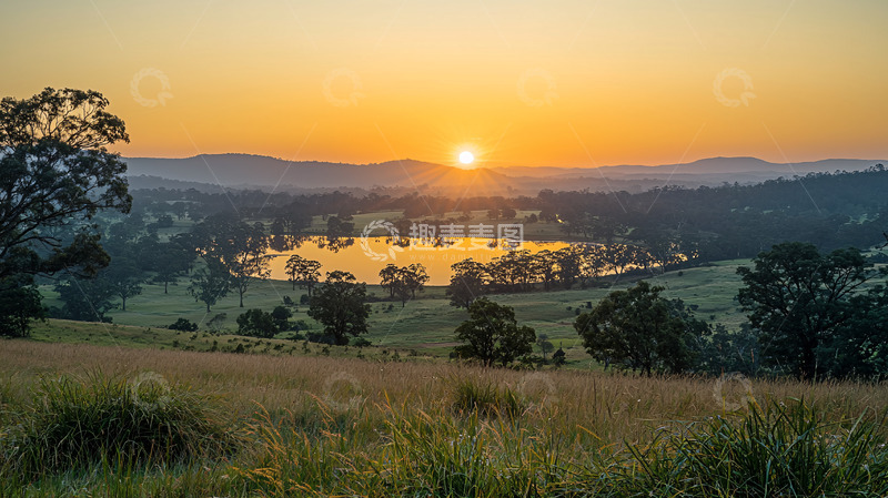 高清大图下载【趣麦麦图】日出湖泊田园风光