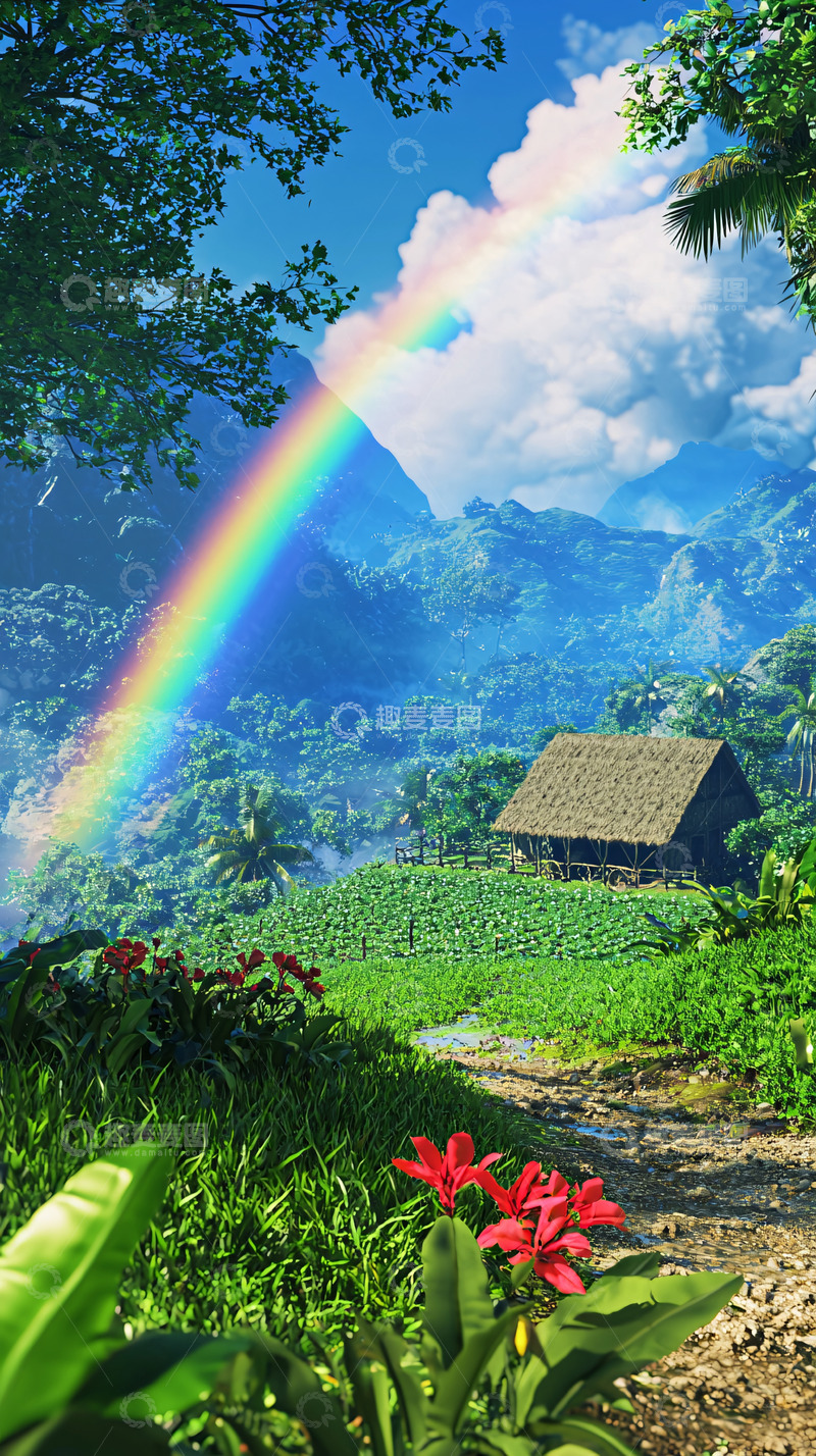 高清大图下载【趣麦麦图】彩虹山谷田园小屋